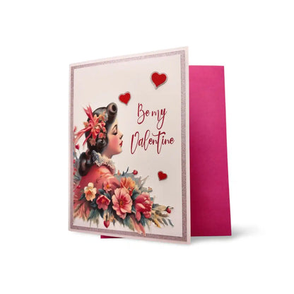 Valentine's Day card with a vintage-style illustration of a woman and floral elements on a white background.