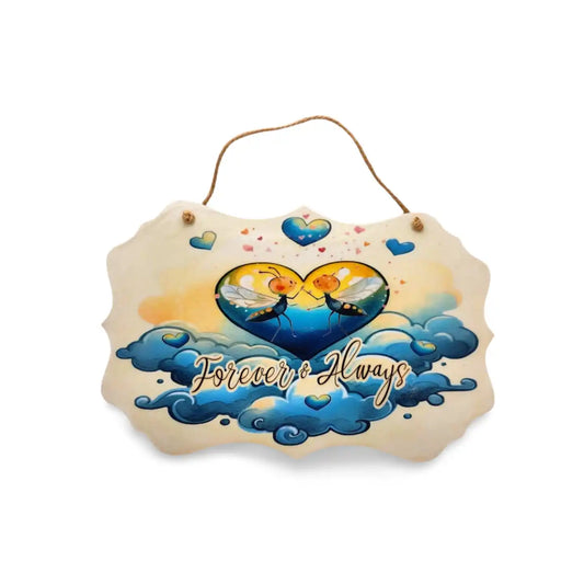 Decorative wall hanging with heart design, butterflies, and 'Forever & Always' text on a white background.