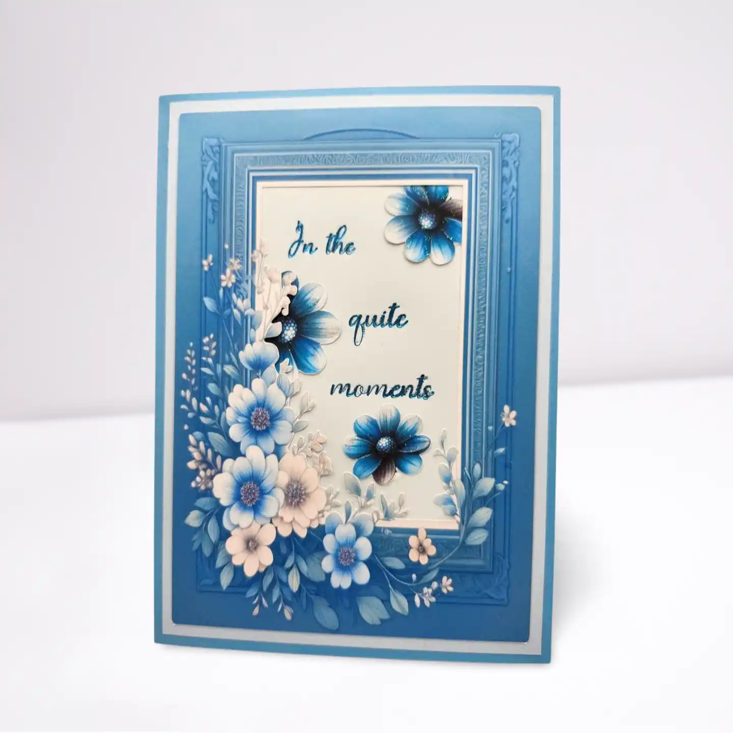 Decorative card with blue and white flowers and text on a white background