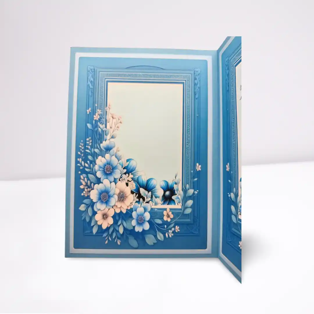 Decorative card with blue floral design on a white background