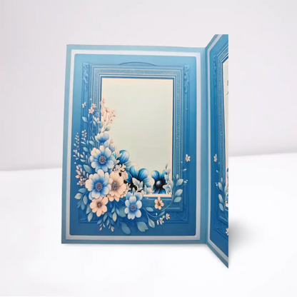 Decorative card with blue floral design on a white background