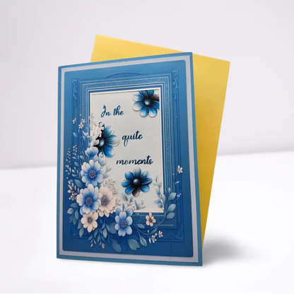 Greeting card with blue floral design and text on a white background