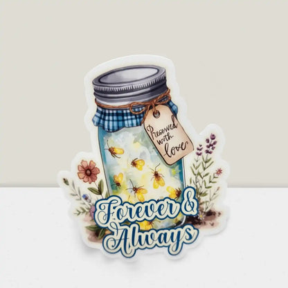 Decorative sticker with a jar, flowers, and bees on a white background