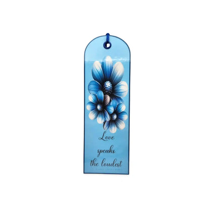 Bookmark with blue floral design and text on a white background