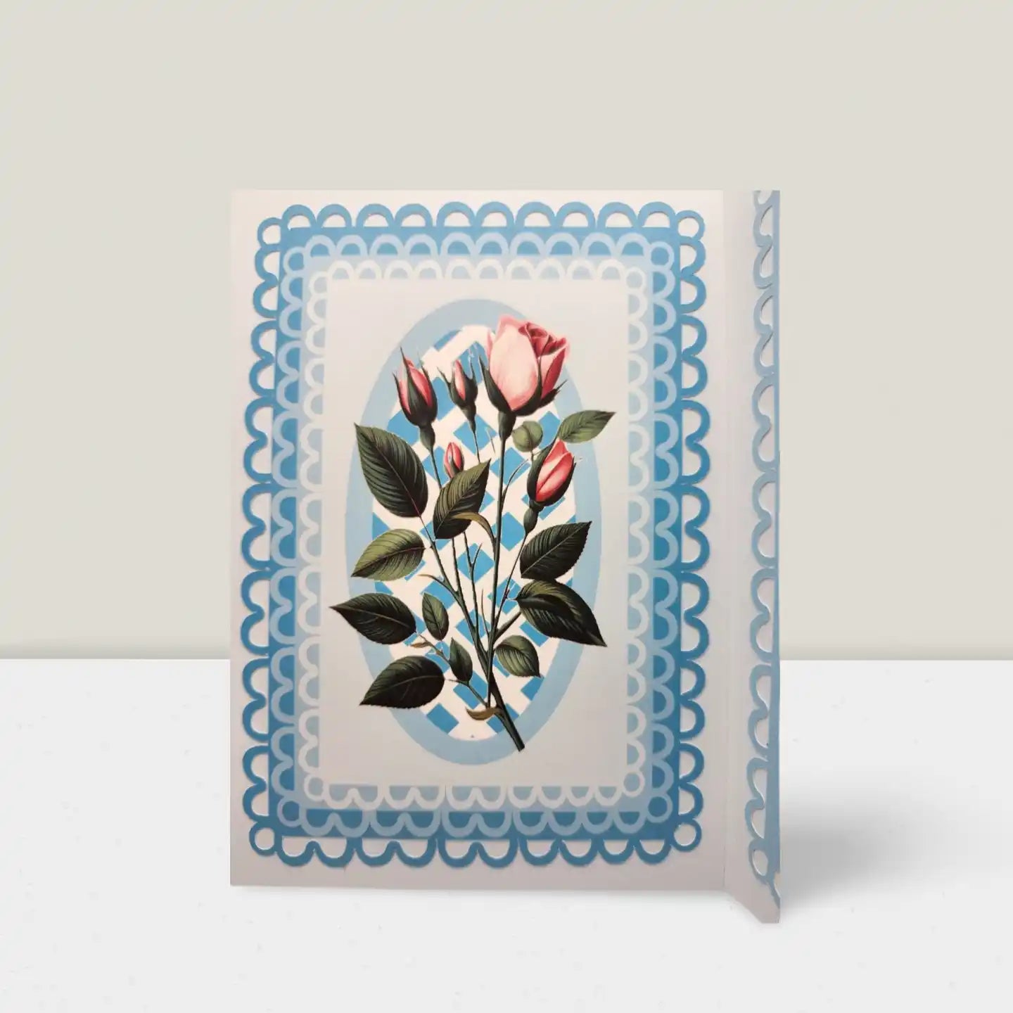 Greeting card with floral design and decorative border on a white background