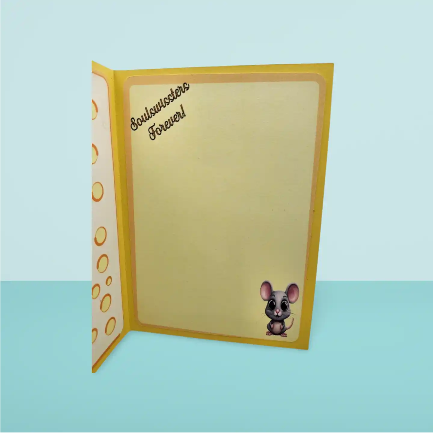 Card with a small animal illustration and 'Soulmates Forever!' text on a light blue background