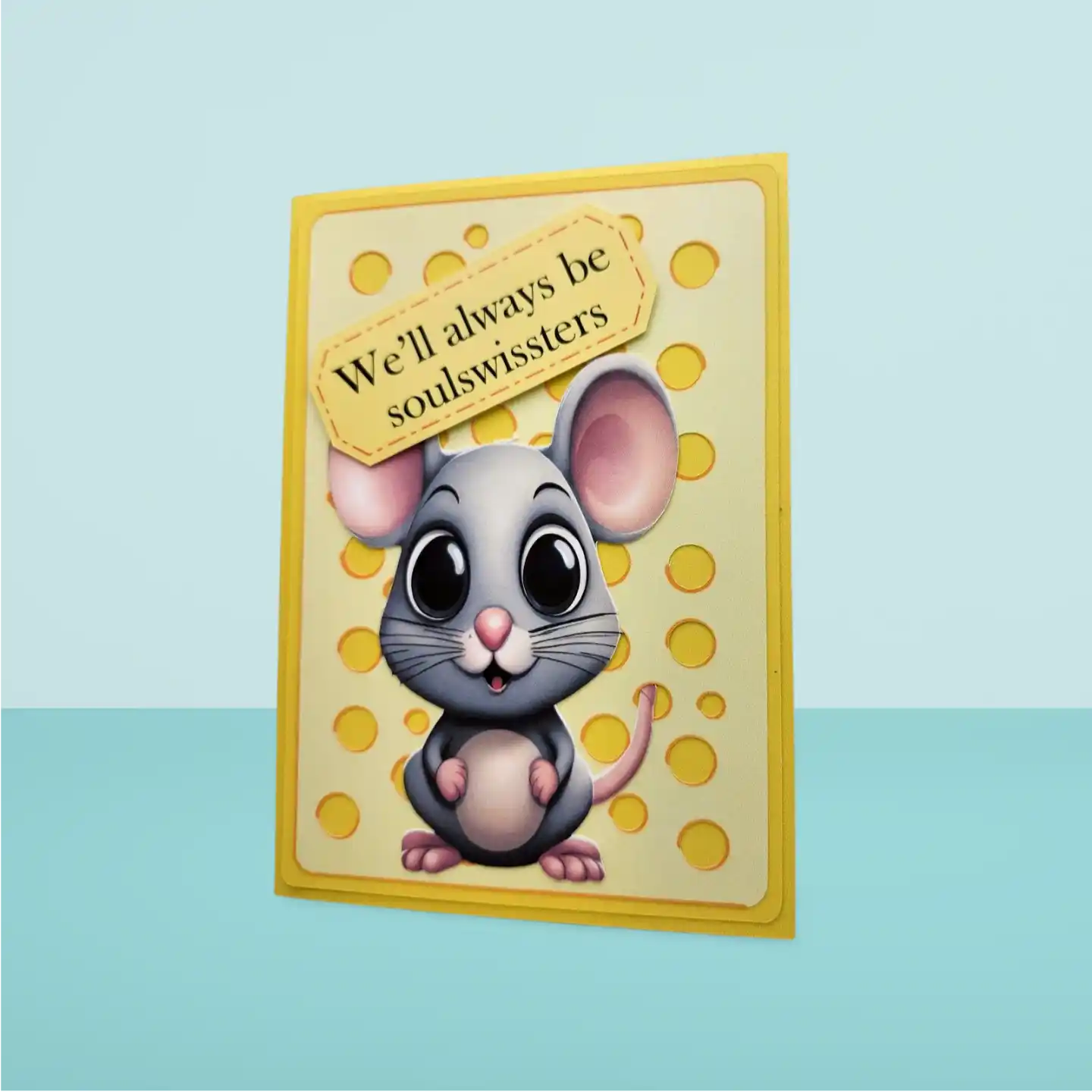 Card with a cartoon mouse and text on a light blue background