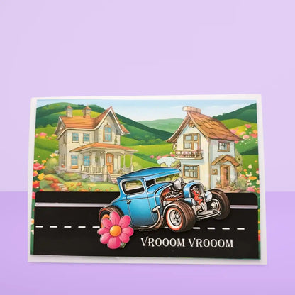 Cartoon car with a flower on a road leading to houses with a scenic background