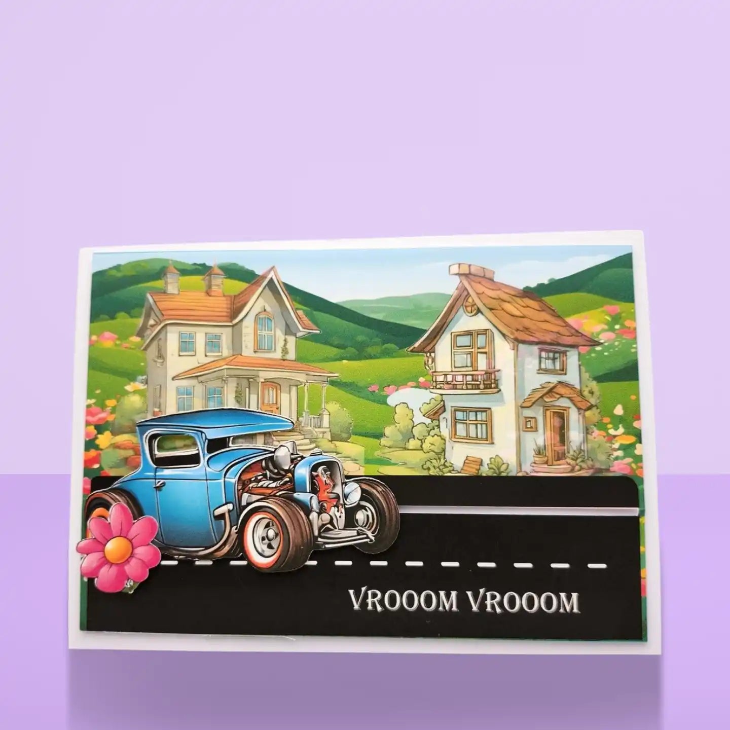 Illustration of a vintage car on a road with houses and flowers in the background, on a purple background.