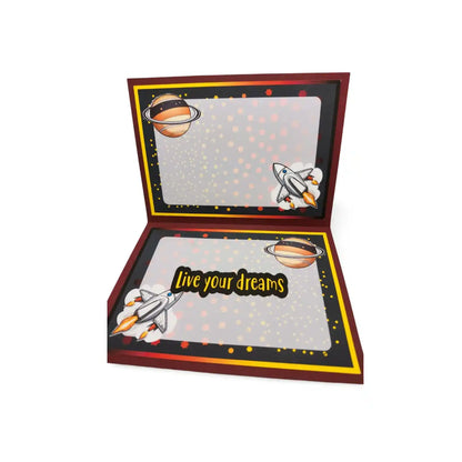 Space-themed card with rockets and planets on a white background