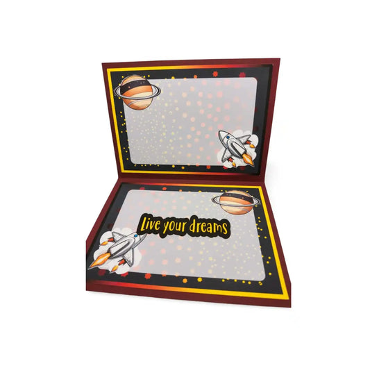 Space-themed card with rockets and planets on a white background