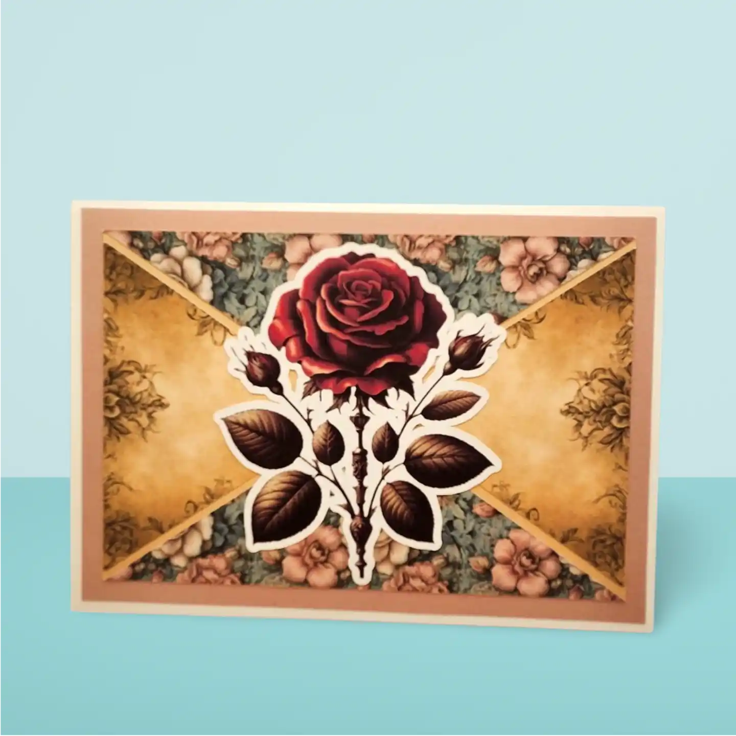 Decorative card with a red rose and skeleton hand design on a floral background