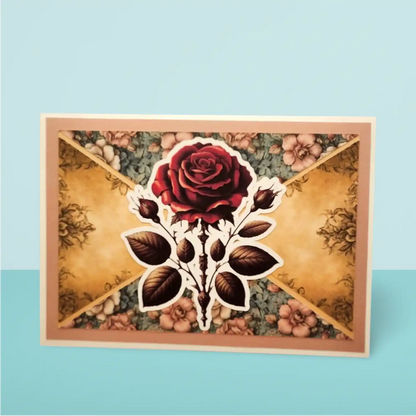 Decorative card with a red rose and skeleton hand design on a floral background