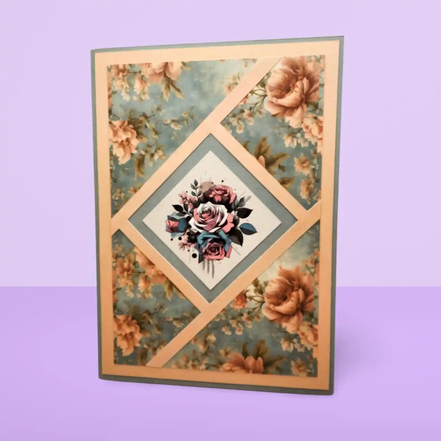 Floral card with a geometric design on a purple background