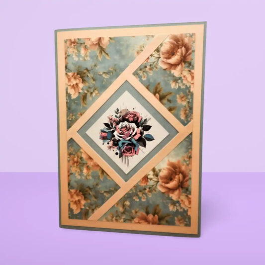 Floral card with a geometric design on a purple background