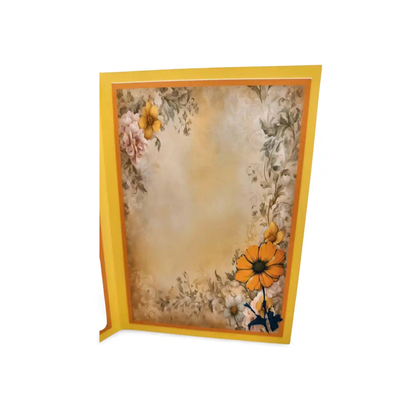 Decorative card with floral design and yellow border on a white background