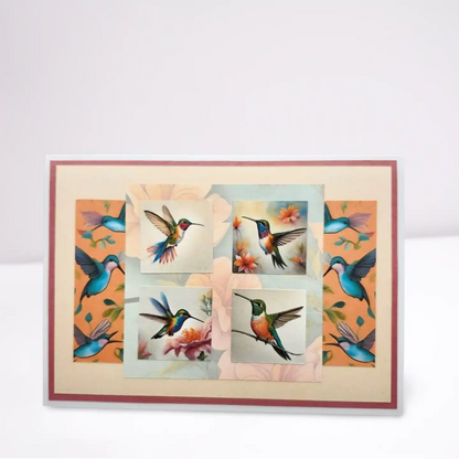 Card with colorful illustrations of hummingbirds and flowers on a white background
