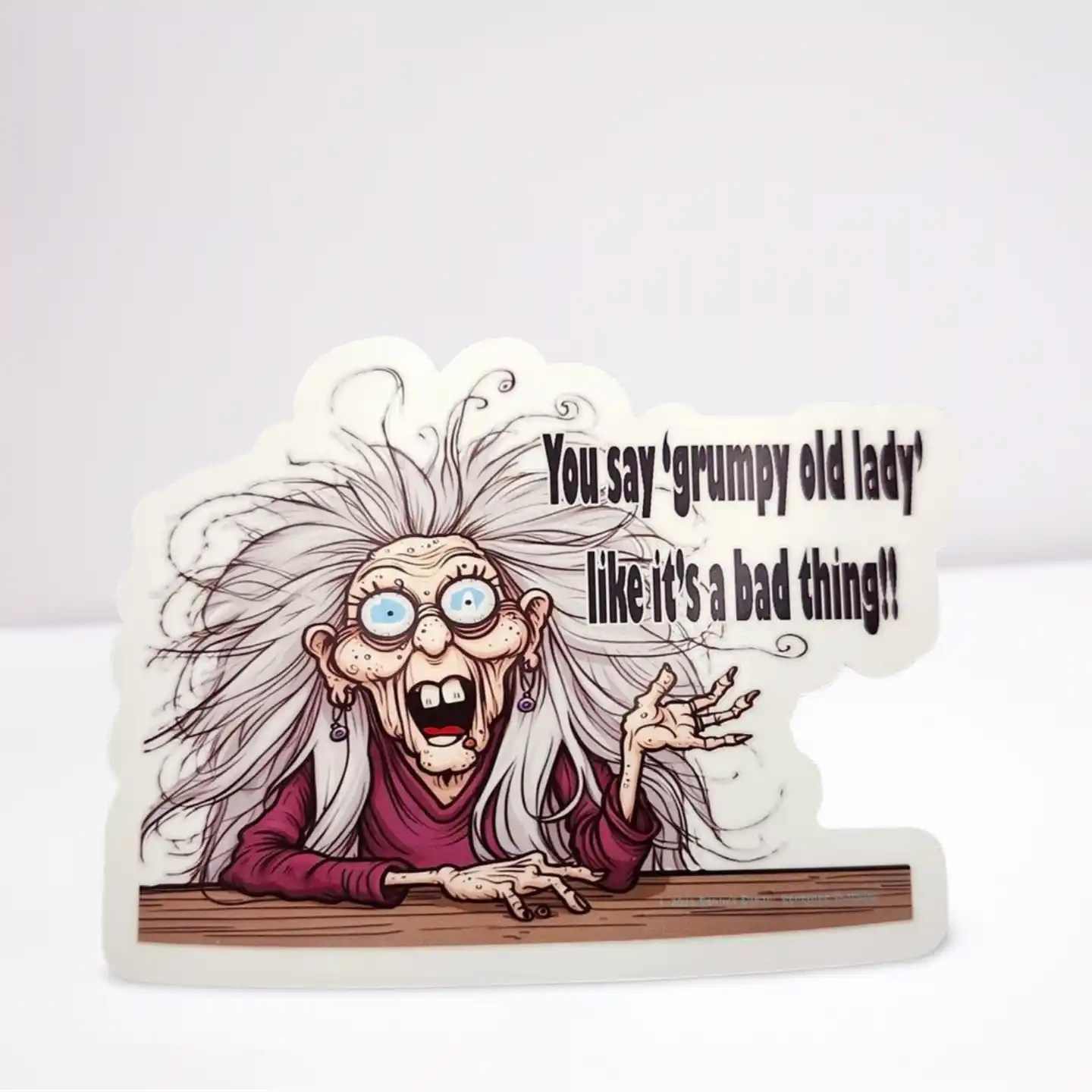 Cartoon character of a grumpy old lady with text on a white background