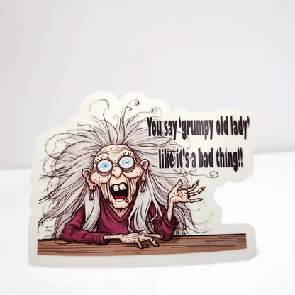 Cartoon character of a grumpy old lady with text on a white background