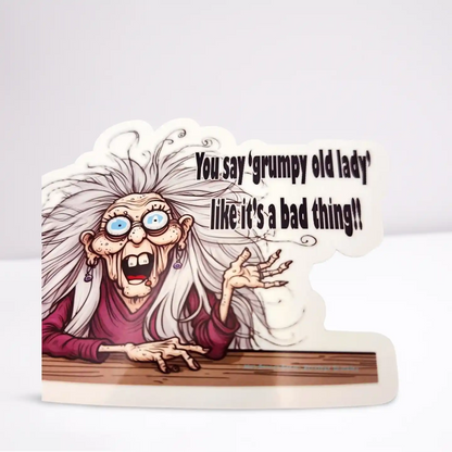 Cartoon character of an angry old lady with text on a white background