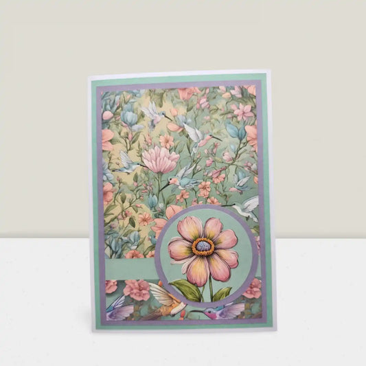 Greeting card with floral design and birds on a white background