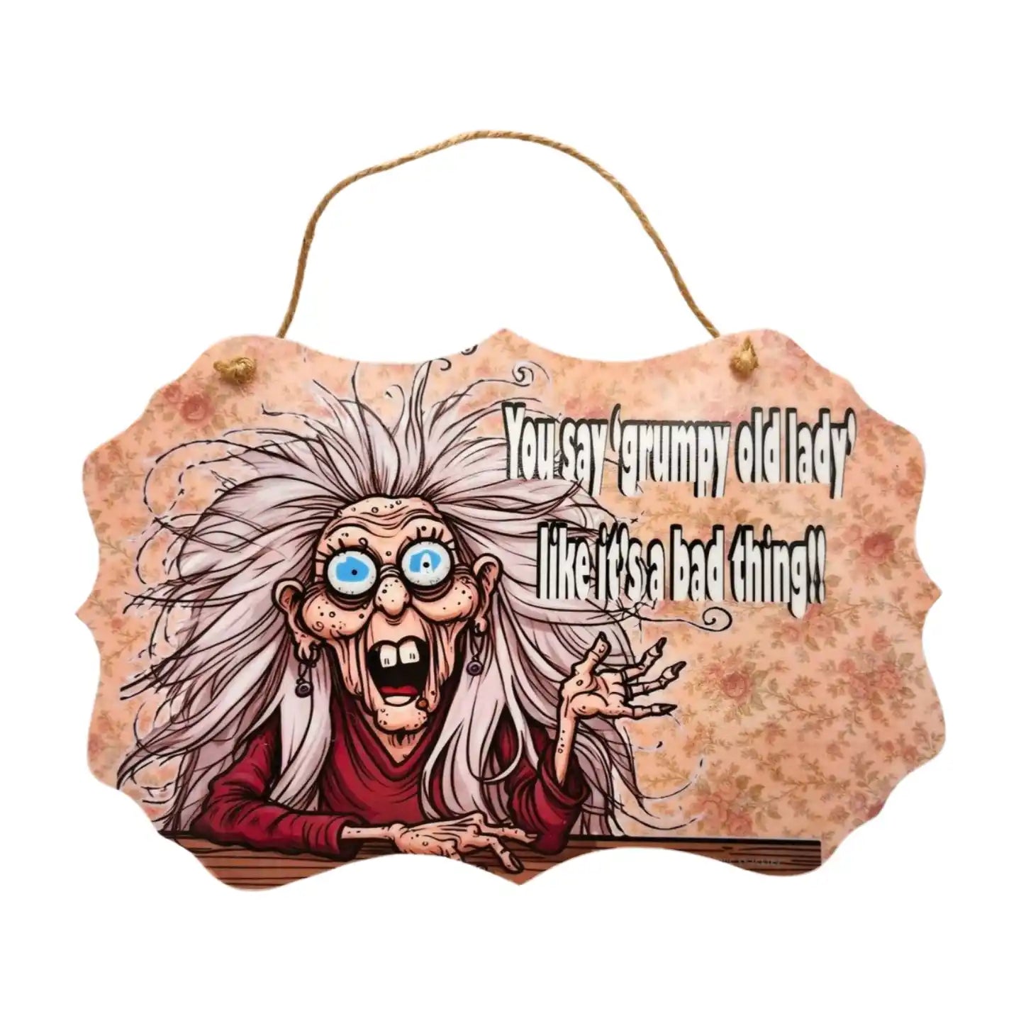 Hanging sign with cartoon character and humorous text on a white background