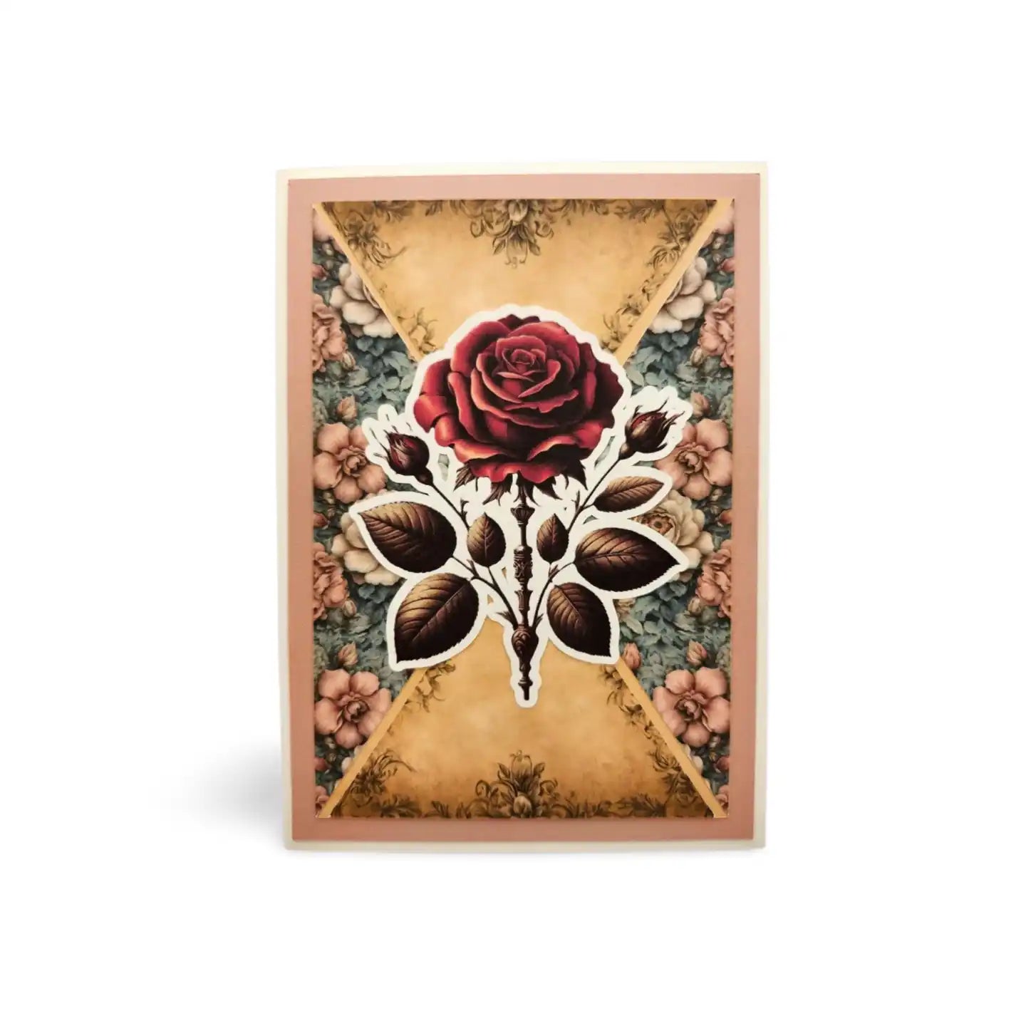 Decorative card with a red rose design on a floral background