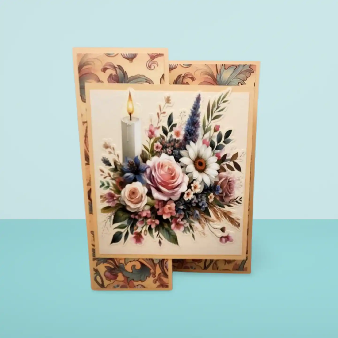 Floral card with a candle design on a light blue background
