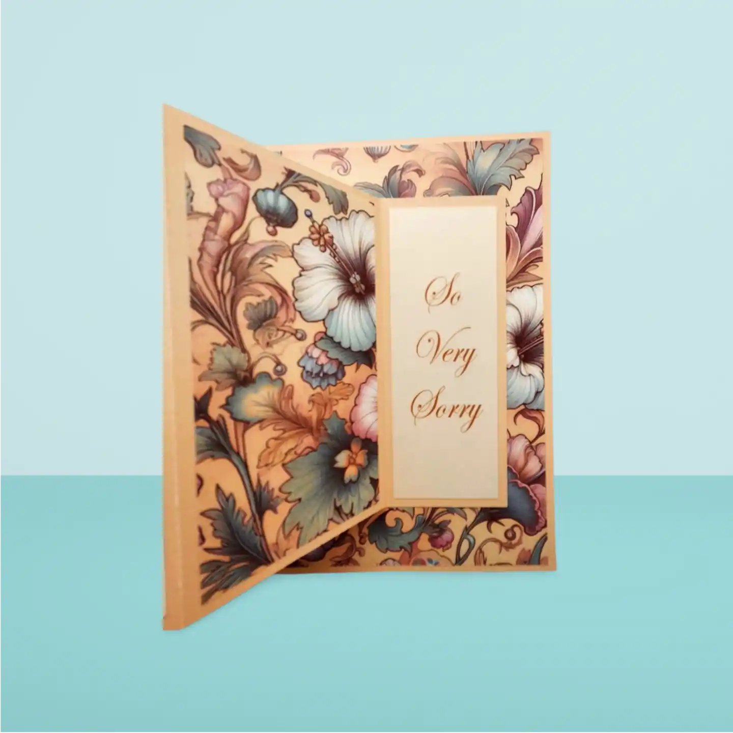 Floral card with 'So Very Sorry' text on a light blue background