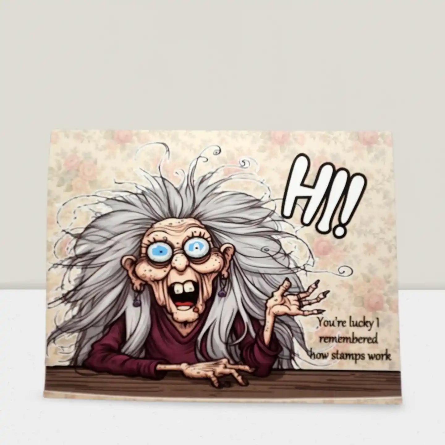 Cartoon character with gray hair and blue eyes, sitting at a table with text on a light background