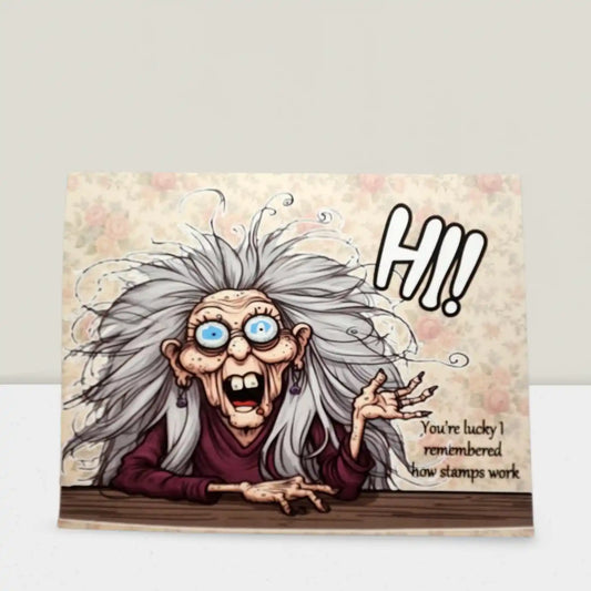 Cartoon character with gray hair and blue eyes, sitting at a table with text on a light background