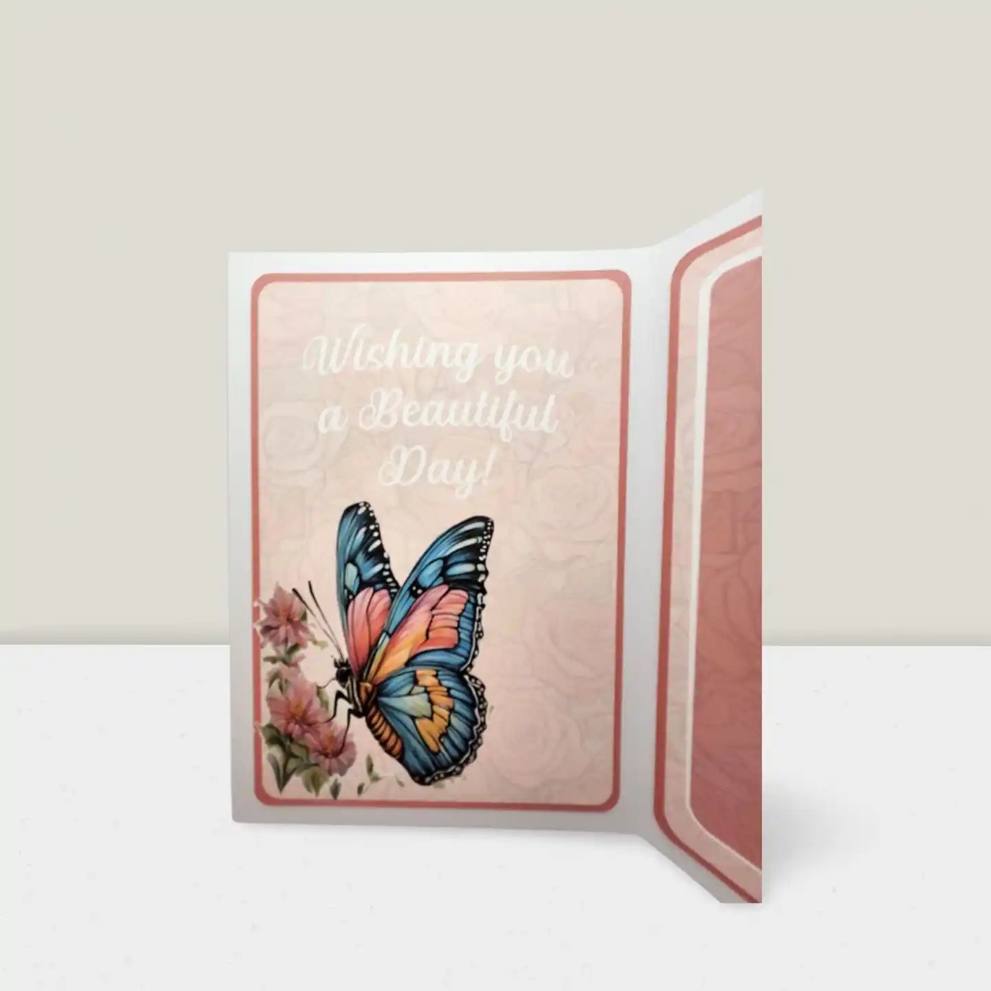 Greeting card with a butterfly illustration and text on a white background