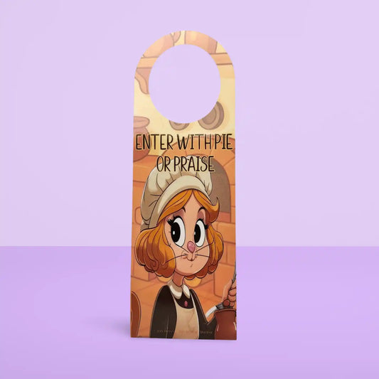 Door hanger with cartoon character holding a pie on a purple background