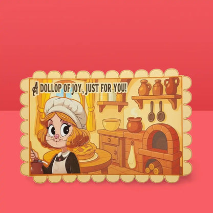 Cartoon character in a kitchen setting with text 'A Dollop of Joy, Just for You!' on a red background