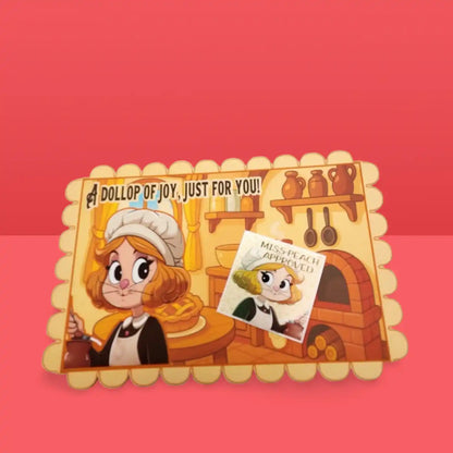 Cartoon character with a kitchen background and text on a red background