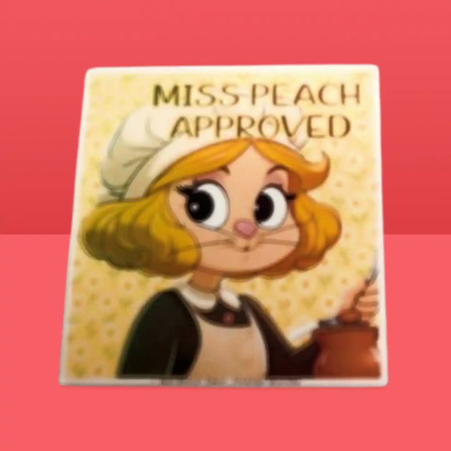 Cartoon character with 'Miss Peach Approved' text on a red background