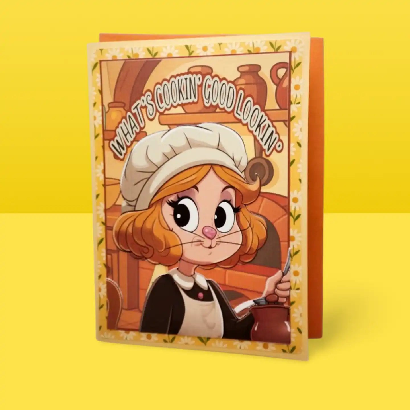 Card with cartoon character holding a pot on a yellow background