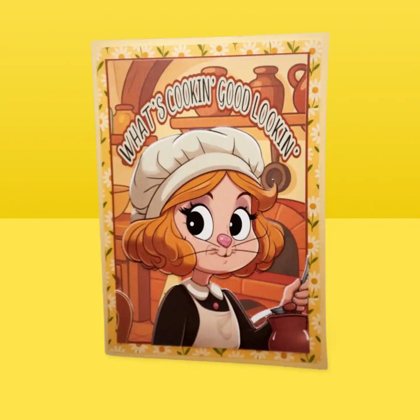 Cartoon character with a chef's hat and apron on a yellow background