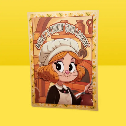 Cartoon character with a chef's hat and apron on a yellow background