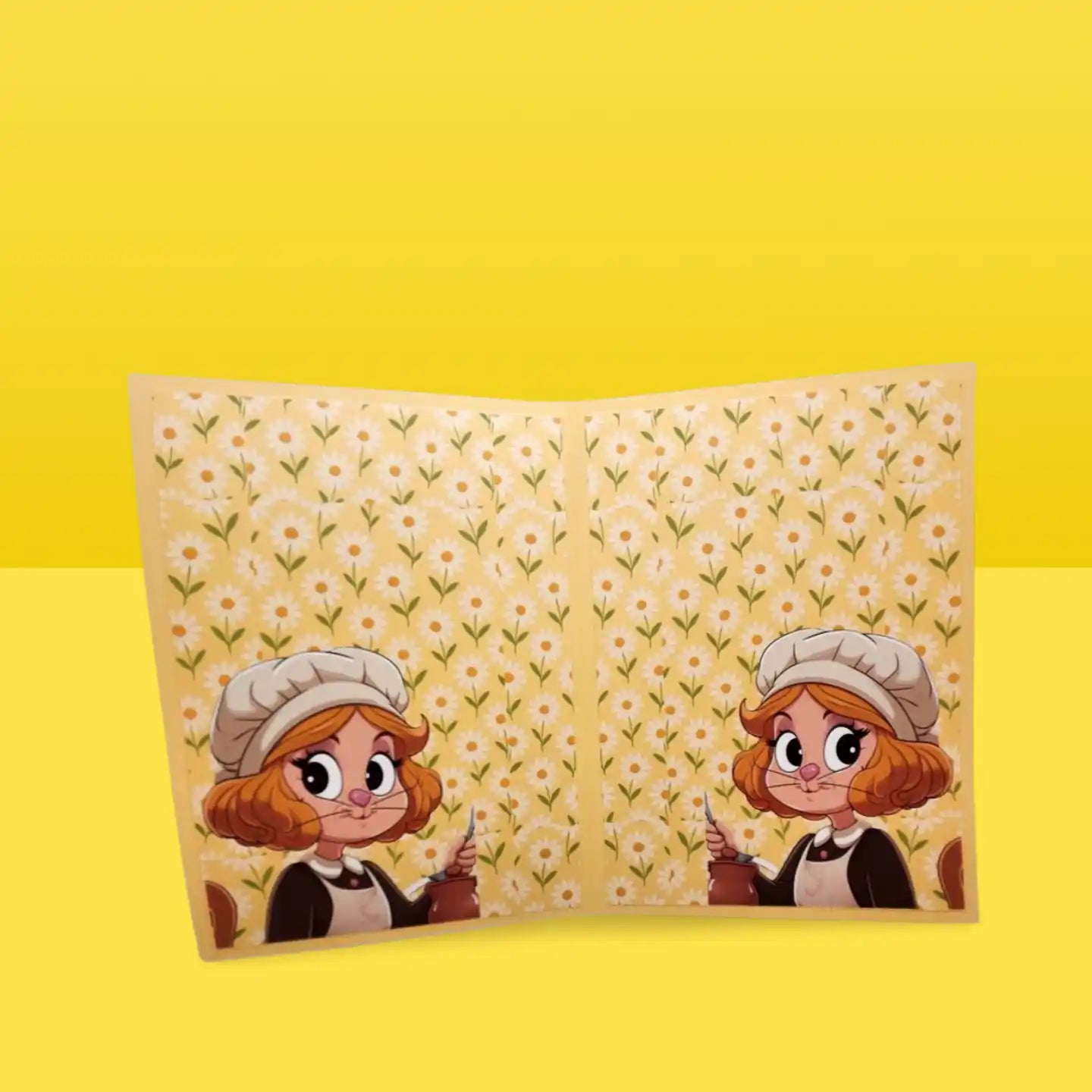 Product with cartoon characters and floral pattern on a yellow background