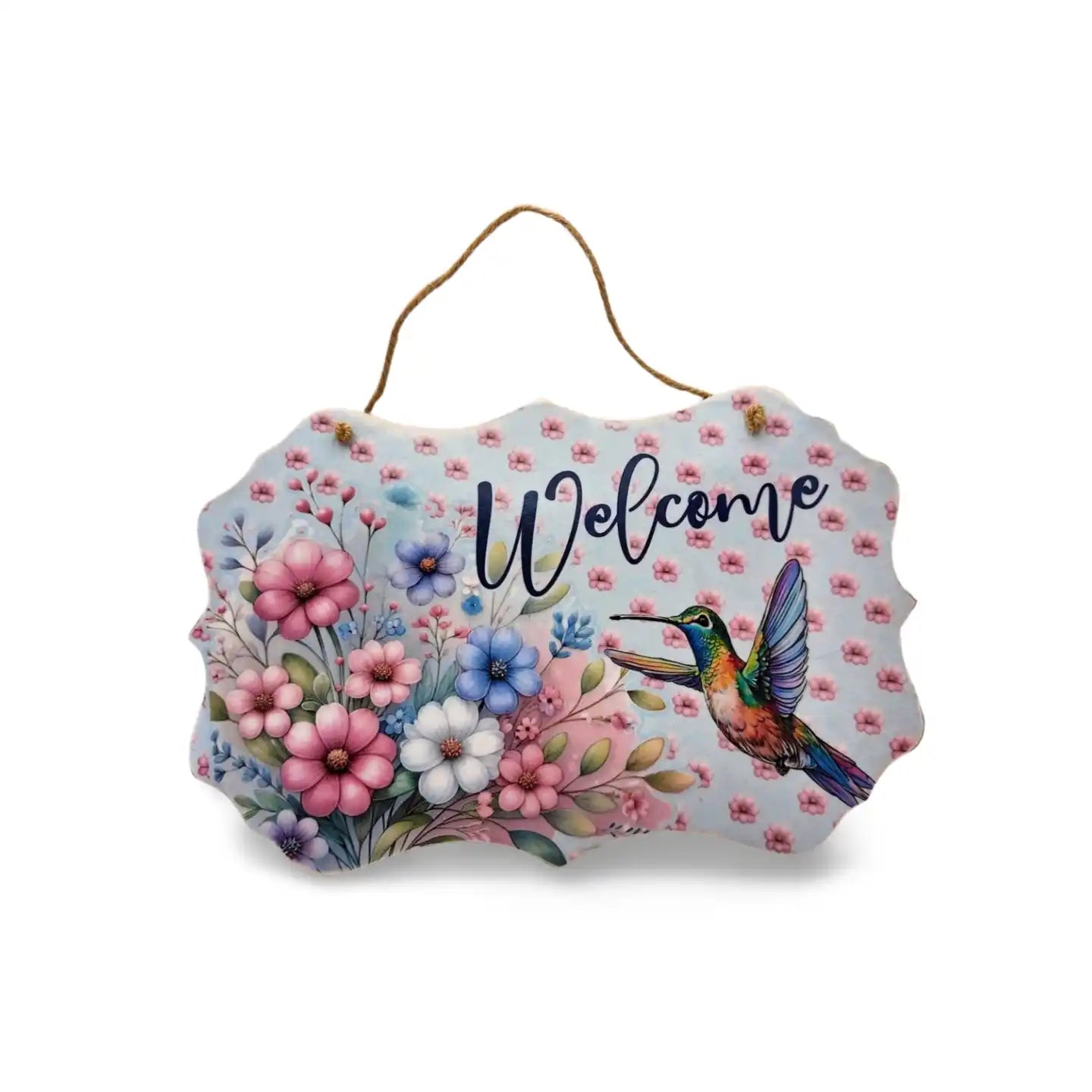 Decorative sign with flowers and a hummingbird, featuring the word 'Welcome'.