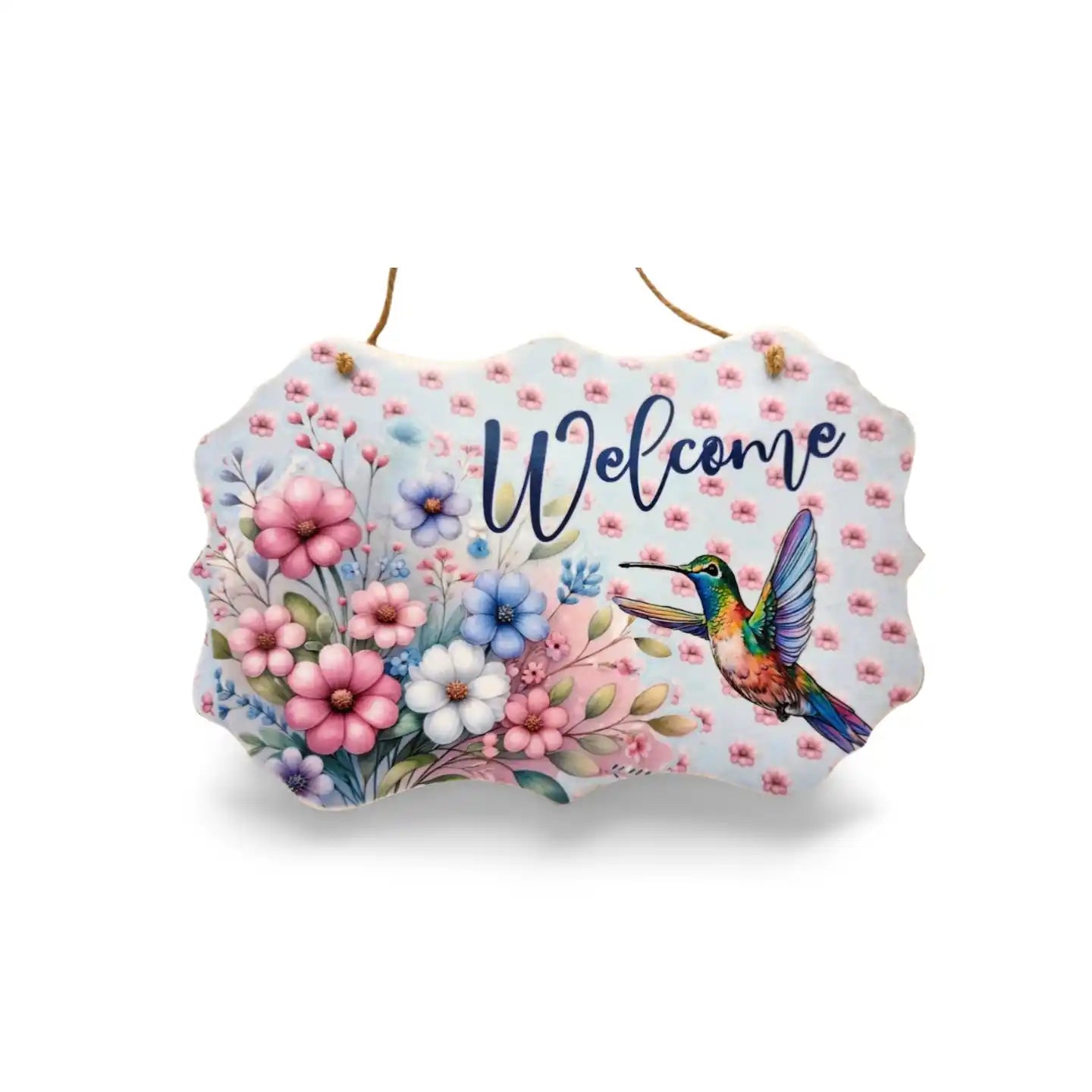 Decorative sign with flowers and a hummingbird, featuring the word 'Welcome'.