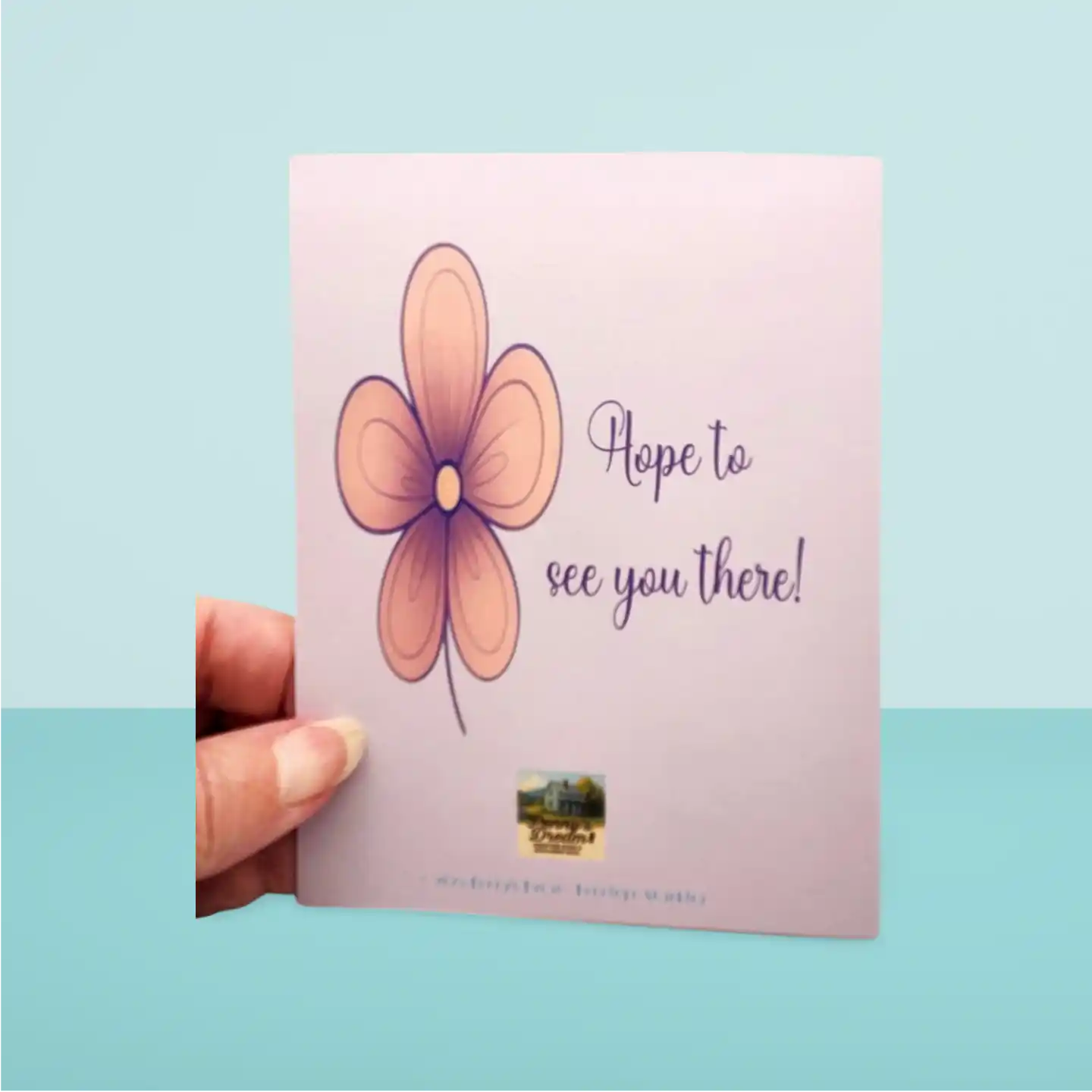Card with a flower illustration and text on a light blue background