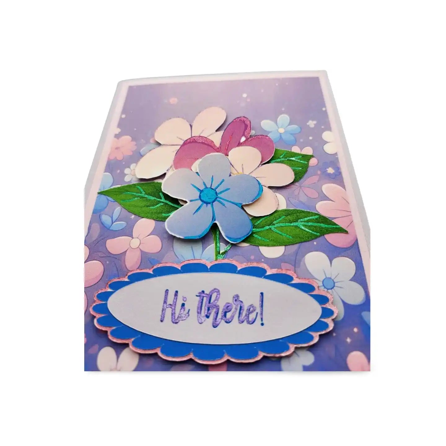 Greeting card with floral design and 'Hi there!' text on a white background