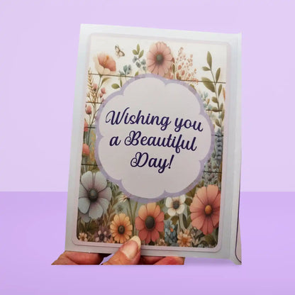 Floral card with 'Wishing you a Beautiful Day!' text on a purple background