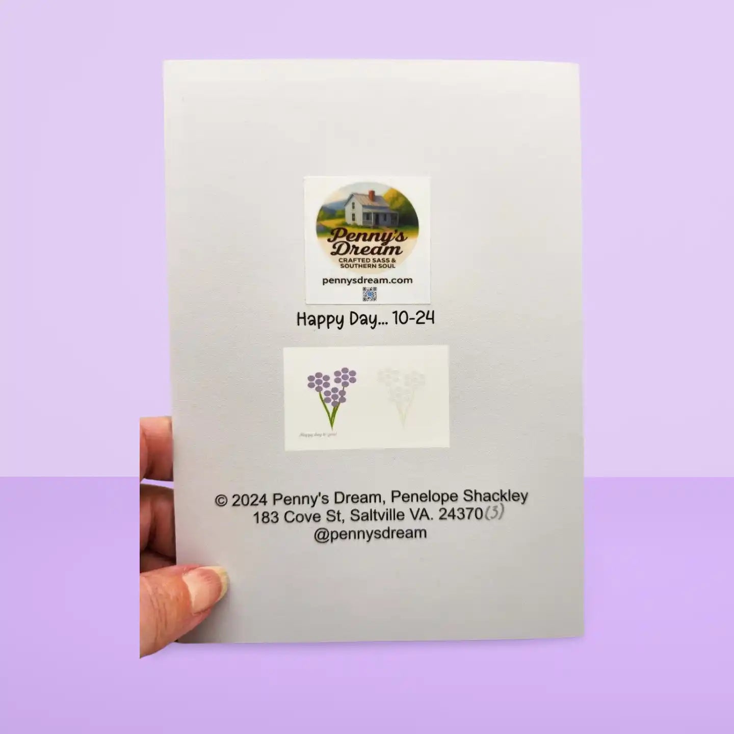 Card with a logo and text on a light purple background