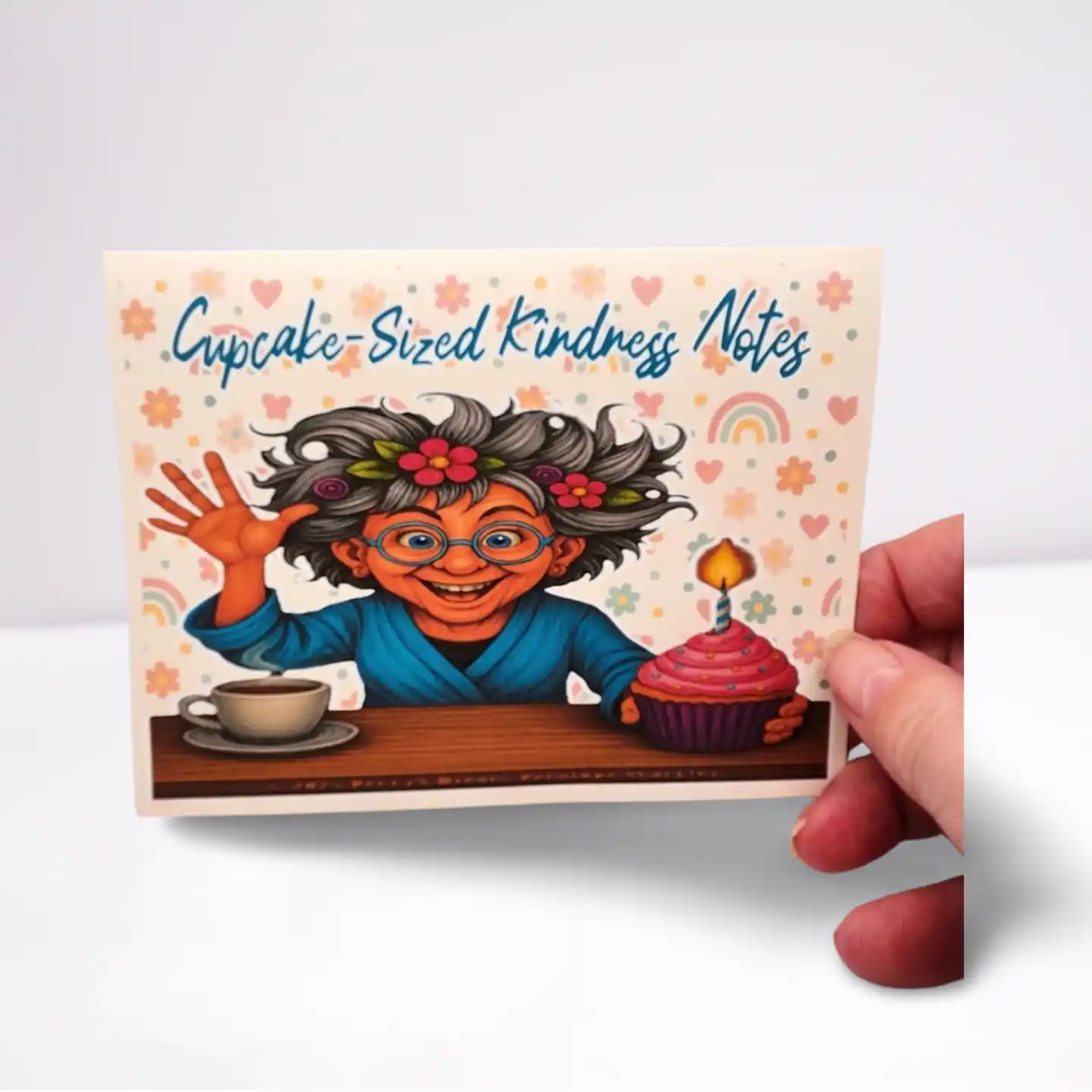 Card with illustration of a character holding a cupcake and a coffee, titled 'Cupcake-Sized Kindness Notes'.