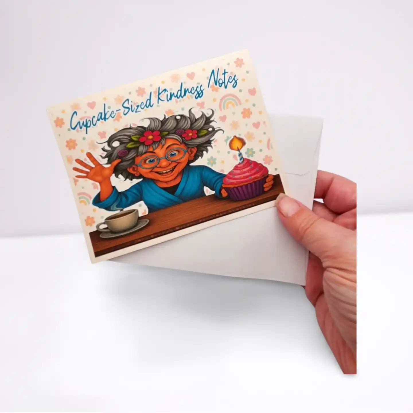 Card with cartoon character and 'Cupcake-Sized Kindness Notes' text, held by a hand.