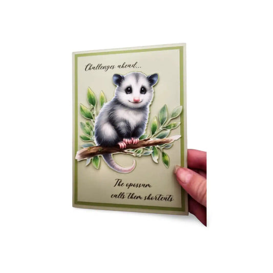 Card with an opossum illustration and motivational text on a white background