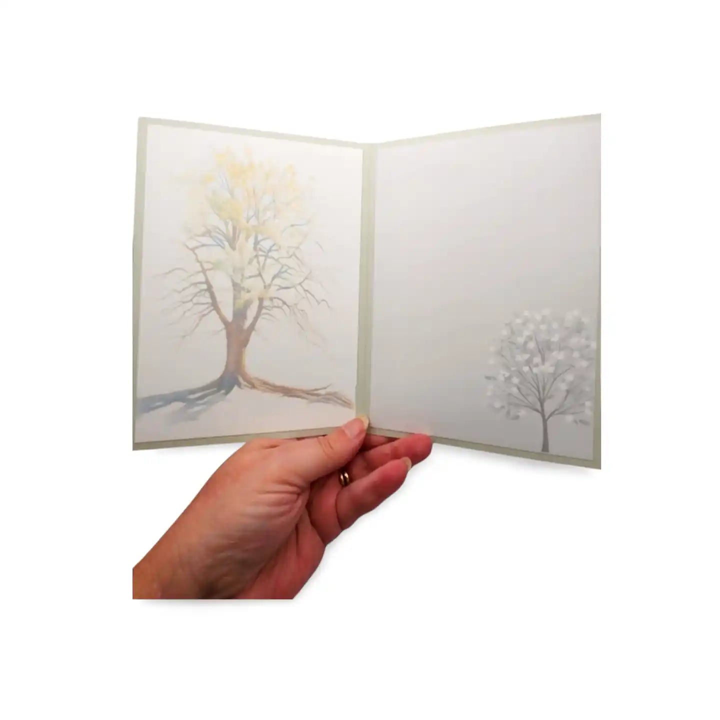 Hand holding a folded card with tree illustrations on a white background